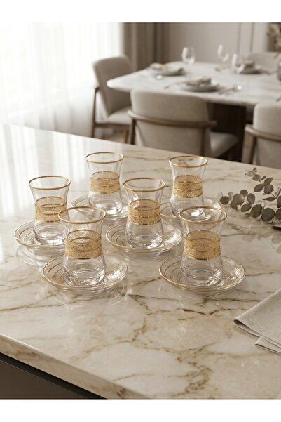 Generic Brand Turkish Tea Set for 6 | 6 Glass Cups + 6 Saucers | Elegant Sparkling Details | Made in Turkey