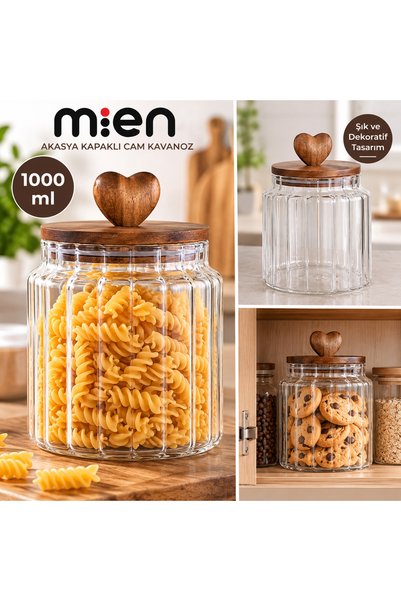 Genel Markalar Mien Akasya Kapaklı Cam Kavanoz 1000 ml - Kalp Detaylı