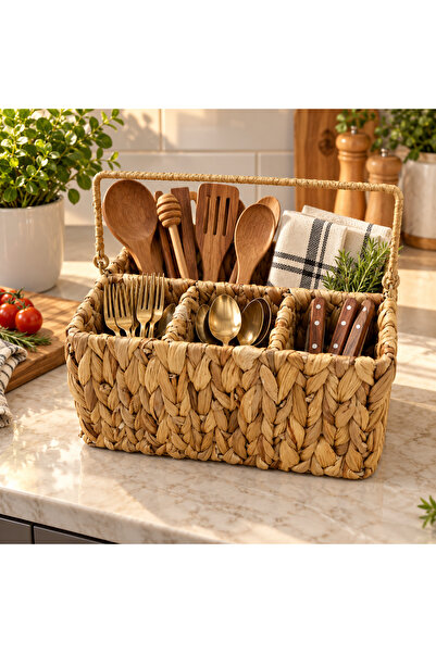 ALLEGRI Wicker Hand-Knitted 4-Compartment Fork and Spoon Holder with Handle f...