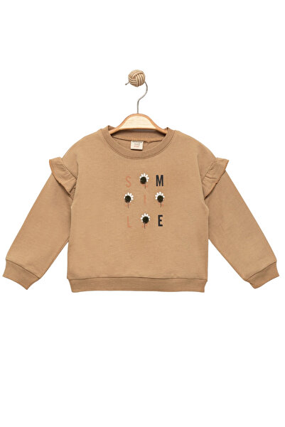 Divonette Girl's Beige Long Sleeve Pompom Sweatshirt - Basic Comfortable Sweatshirt with Text Pattern