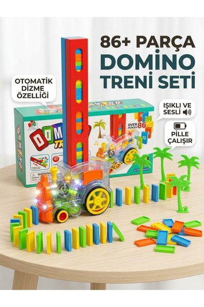 POZART Domino Taşını Kendisi Dizen Pilli Işıklı Sesli Tren Seti 86Parça 3+ Yaş