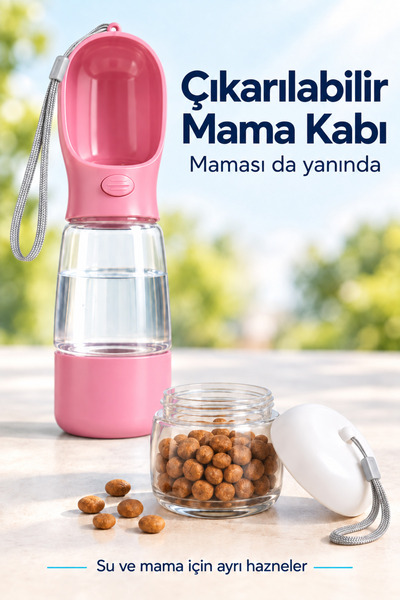 indirimsevinci Taşınabilir Köpek ve Kedi Suluğu 400 ml Mama ve Poşet Bölmeli İpli Seyahat Su Şişesi