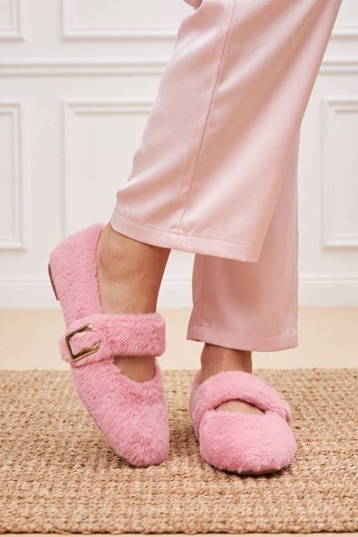 NAVİSHOES Pink Women's Plush Home Shoes - Gold Buckle Ballerina Slippers 01Nav