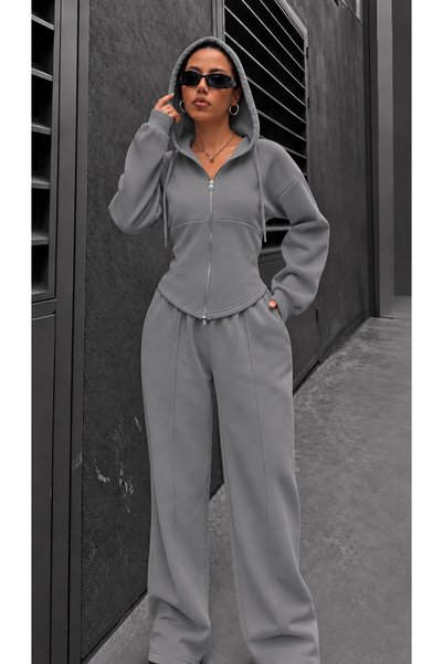 peri tower Women's Sporty Stylish Zippered Three-Thread Non-Printed Fabric Top and Bottom Tracksuit Set 0057