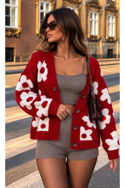 Cherry Butik Red and White Daisy Patterned Sports Cardigan