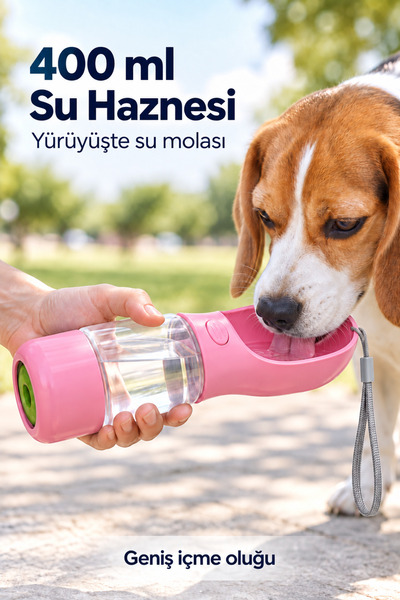 indirimsevinci Taşınabilir Köpek ve Kedi Suluğu 400 ml Mama ve Poşet Bölmeli İpli Seyahat Su Şişesi