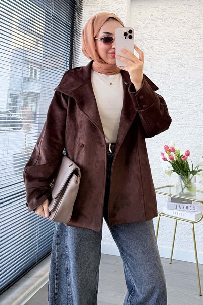 MELEK ARAZ Premium Stand Collar Button Detailed Nubuck Jacket - Brown
