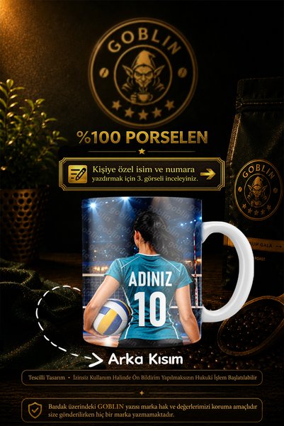 Goblin Kişiye Özel İsimli ve Numaralı Voleybol Baskılı Siyah Saç Porselen Kup...
