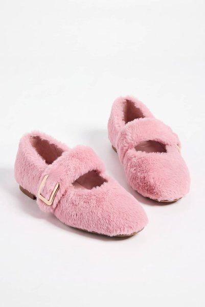 NAVİSHOES Pink Women's Plush Home Shoes - Gold Buckle Ballerina Slippers 01Nav