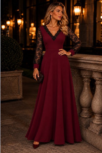 moda wanilia Rochie de seară elegantă și șic, cu decolteu în V, mâneci lungi ...