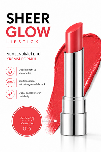 Pierre Cardin Sheer Glow Lipstick - Parlak Bitişli Nemlendirici Ruj - Perfect...