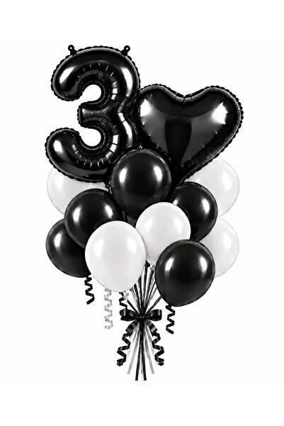 genaja Set Buchet Baloane Alb-Negru cu Cifră și Inimă – Decor Aniversar
