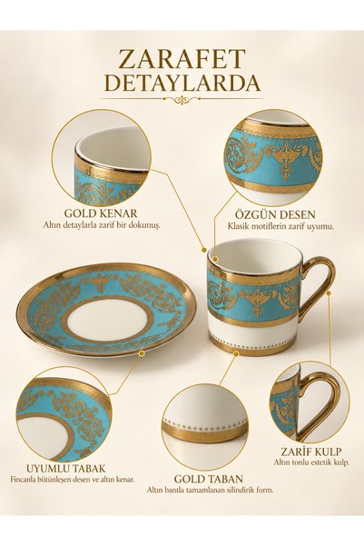 Queen’s Kitchen Şal Desenli Altın Detaylı 6 Kişilik Kahve Fincan Takımı