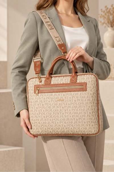 Just Polo Unisex Black Monogram Fabric Laptop and Shoulder Bag Mink-Tan