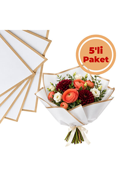 Renk İthalat Çiçek Ambalaj Kağıdı Beyaz Altın Kenar Mat 5'li Paket 58x58 cm B...