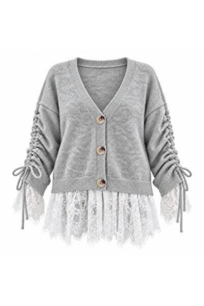peri tower Women's Lace Detailed Gathered Sleeve Tie-Up Buttoned Knitwear Car...