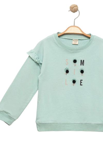 Divonette Girl's Green Long Sleeve Pompom Sweatshirt - Basic Comfortable Sweatshirt with Text Pattern