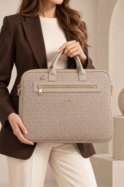Just Polo Unisex Black Monogram Fabric Laptop and Shoulder Bag Stone