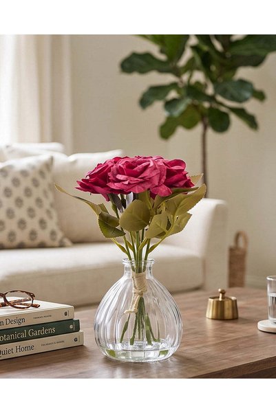 REDTAG Red Artificial Rose Flowers with Glass Pot
