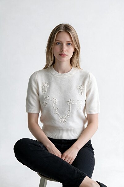 Bisou Ecru Floral Embroidered Crew Neck Short Sleeve Knit Sweater