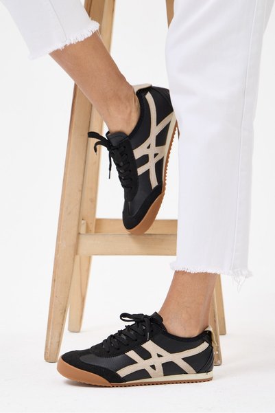 SEFERİ Women's Black Lace-Up Flat Sole Beige Cross Detailed Sneaker Shoes - W...