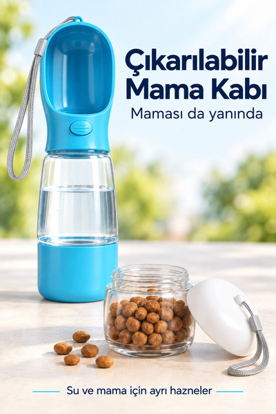 indirimsevinci Taşınabilir Köpek ve Kedi Suluğu 400 ml Mama ve Poşet Bölmeli İpli Seyahat Su Şişesi