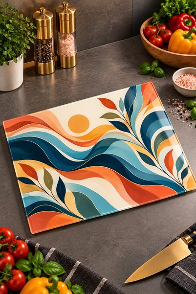 GÖKÇEOĞLU Glass Cutting Board Retro Pop Colorful Wavy Abstract Themed - Glass...