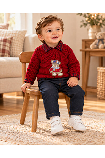 EDM Kidss Baby Boy 3 Piece Set Red Teddy Bear Embroidered Knitwear Sweater Pl...