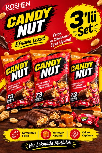 Roshen Candy Nut Karamel ve Yer Fıstıklı Çikolata 1 Kg X 3 Adet
