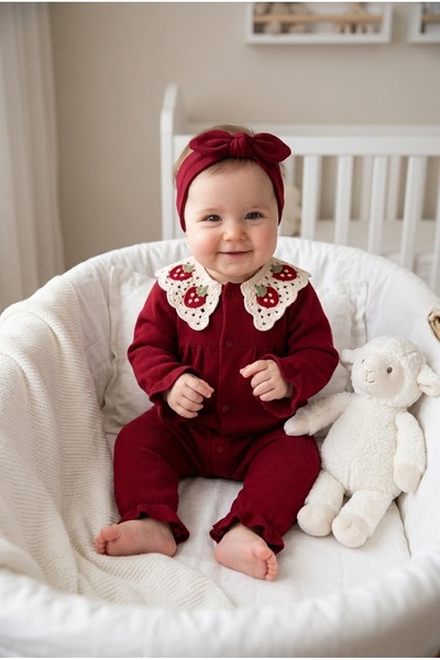 Moonic Kids Baby Girl Strawberry Patterned Knitted Collar Jumpsuit and Headband Set 100% Cotton