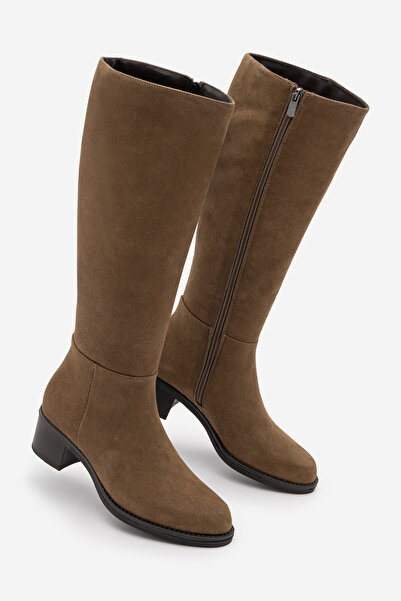 Marjin Women's Zippered Heeled Casual Boots Fabes Tobacco Brown Suede