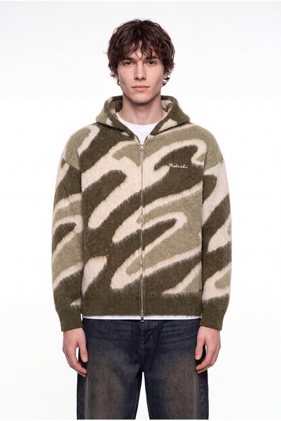 Machinist Men's Wave Patterned Hooded Knitwear with Zipper on the Front, Khaki