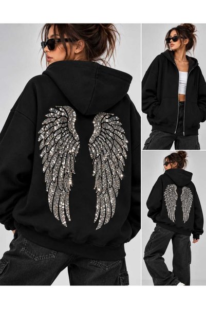 EDVESS Angel Wing Oversize Sequin Embroidered 3-Threaded Hooded Sweatshirt