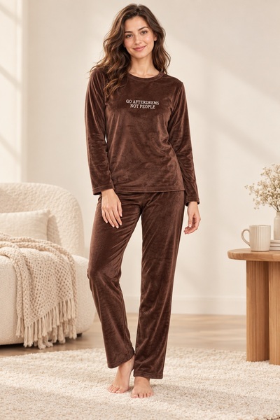 CottonVia قماش مخملي، طقم بيجامة نسائي، 100% قطن، أكمام طويلة، ياقة دائرية، ب...