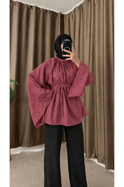 Hepsi Moda İspanyol Kol Çizgili Oversize Tunik - Bordo ( ÖS )