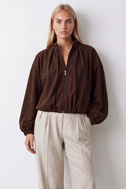 Trend Alaçatı Stili Women's Brown Stand Collar Zippered Suede Lined Bomber Ja...