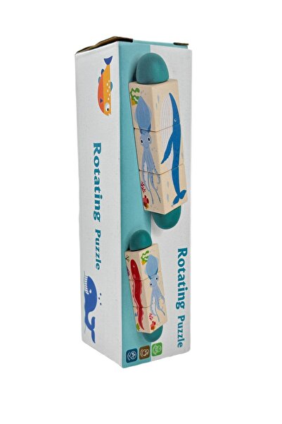 CasaDesteapta.ro Puzzle educativ rotativ din lemn, 3 cuburi cu rechin, balenă...