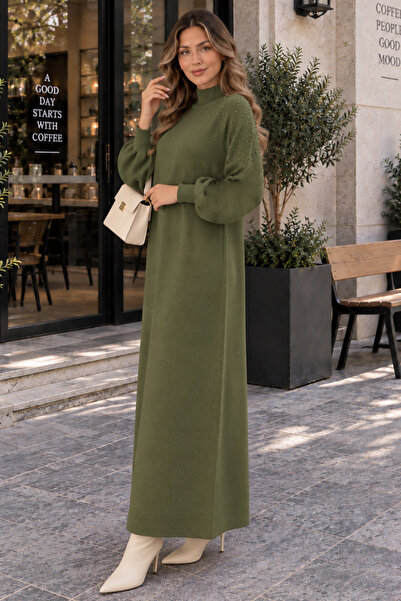 benguen Pearl Detailed Knitwear Dress K3084 Khaki