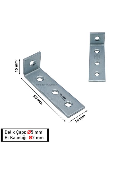 MR.BRACKET 10 ad. L Demir Gönye Köşebent 16x55x15mm- Mobilya Dolap Raf Masa Çekmece Köşe Sabitleme Birleştirme