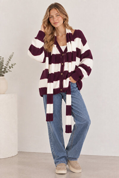 Ezya Collection Yumuşak Dokulu Çizgili Oversize Hırka Atkı Takım