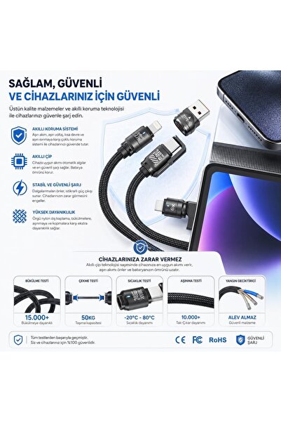 StepCo Bix 5IN1C-BK 1.5 Metre Siyah 240W USB-A ve Type C ve Lightning Çok Fonksiyonlu Yüksek Hızlı Şarj ve