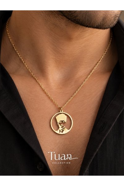 Tuan Collection Ataturk Silhouette Steel Necklace Gold Color Lacquer Plated Chain Stylish Special Design Gift