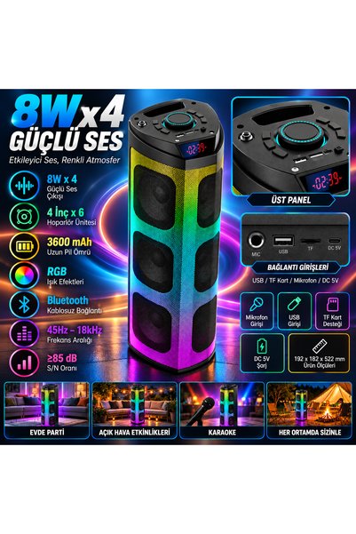 Boomboxtr Taşınabilir Bluetooth Hoparlör 4*6.5 inc 32 W Rms Usb TF giriş RGB Mikrofon Uzaktan Kumanda