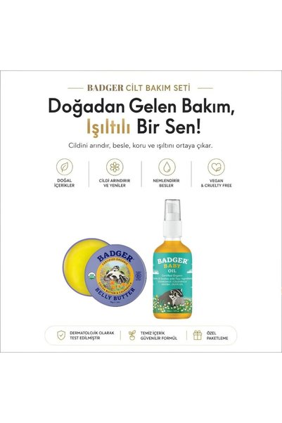 Badger Karın Bölgesi Nemlendirici Krem ve Organik Bebek Yağı Seti