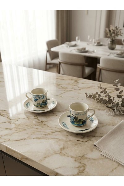 Generic Brand Turkish Coffee & Espresso Cup Set for 2 | Istanbul Design Cups & Saucers | Made in Turkey