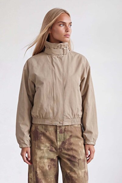 Trend Alaçatı Stili Women's Beige Stand Collar Lined Loose Fit Bomber Jacket ...