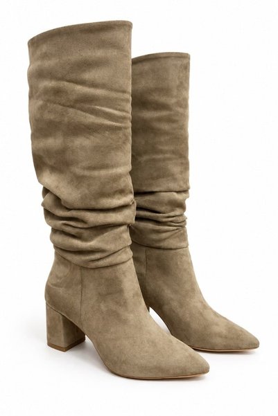 diclepolat Women's Mink Suede Drawstring Boots Thick Heeled Below the Knee Lo...