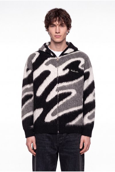 Machinist Men's Wave Patterned Hooded Knitwear with Front Zipper in Black