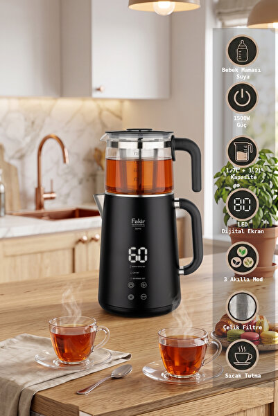 Fakir Demia Çelik Çay Makinesi Dijital LED Ekran 1,7 L Su Isıtıcı 1.2 Lt Cam Demlik Sıcaklık Ayarlı