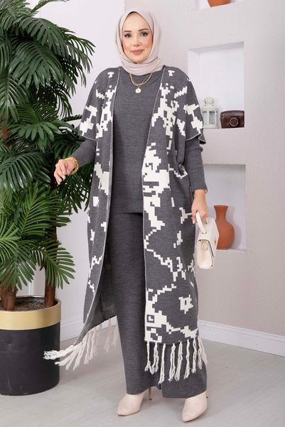 SMS Ethnic Patterned Vest Knitwear Three-Piece Set Gray
